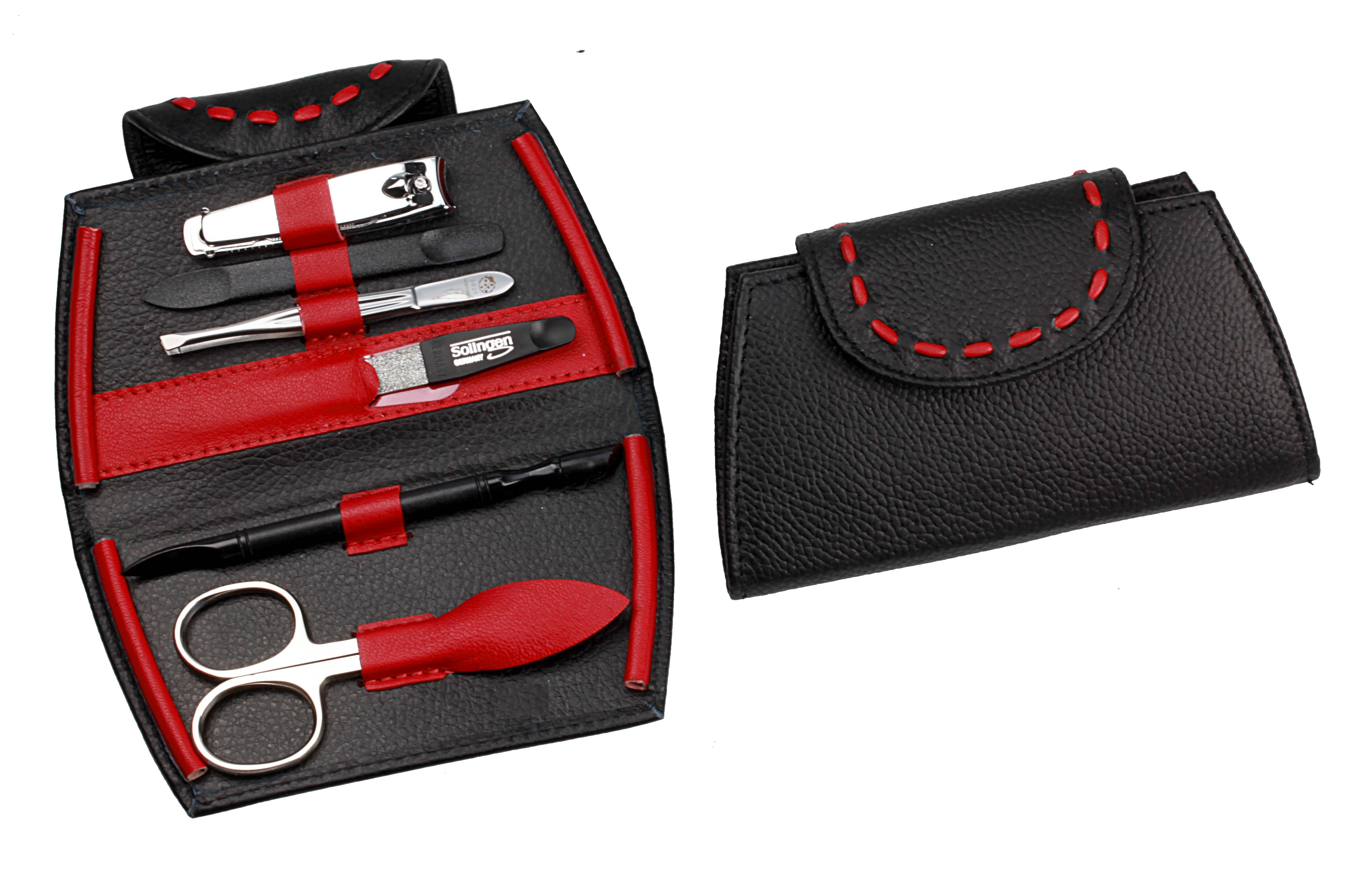 Manicure-Etui: 6-tlg. Bestückung, rostfrei-glanzpoliert; echt Rindleder, schwarz/rot
