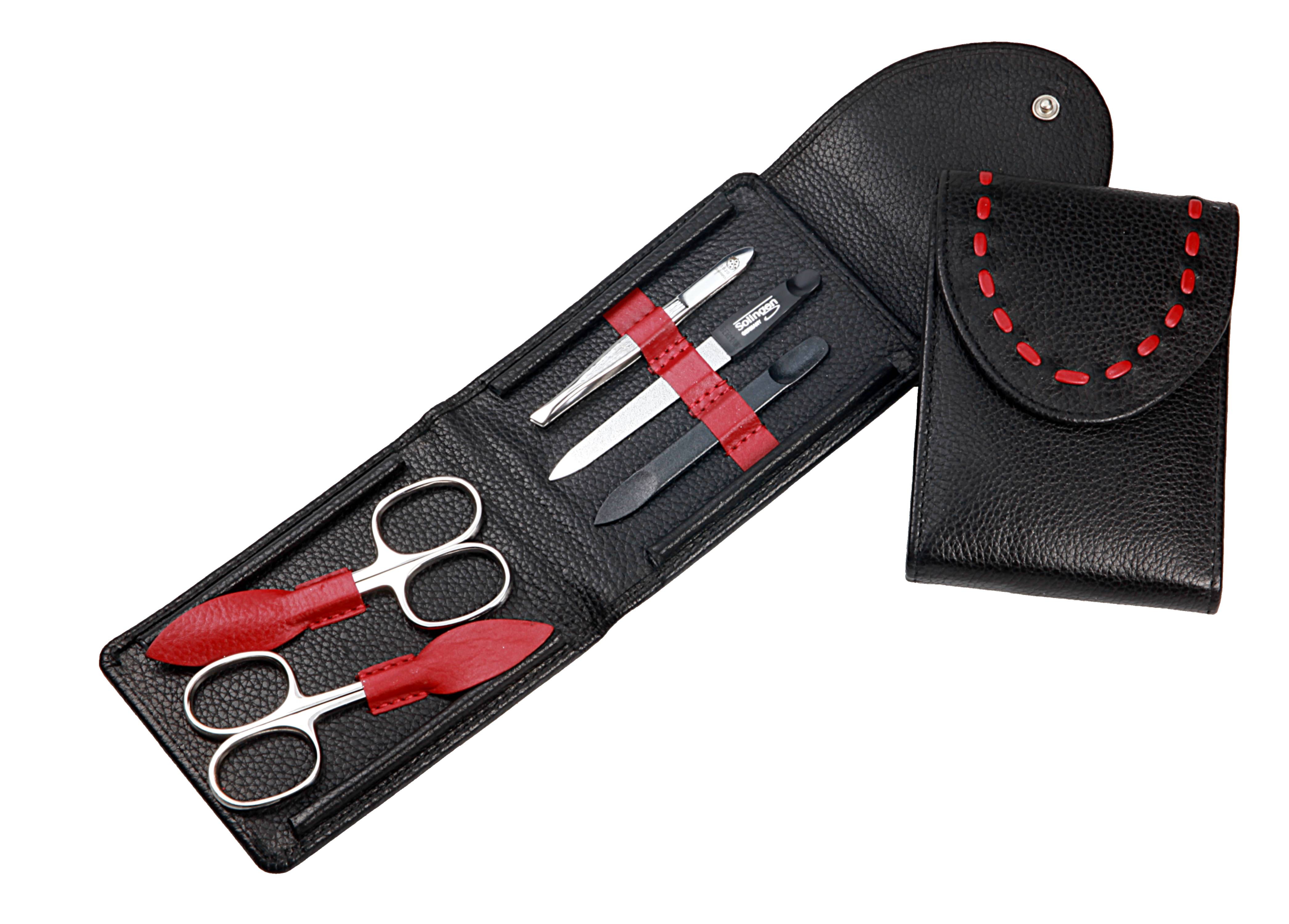 Manicure-Etui: 5-tlg. Bestückung, rostfrei-glanzpoliert; echt Rindleder, schwarz/rot