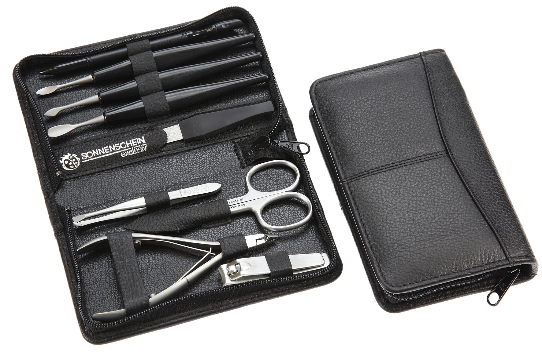 Manicure-Etui, Reißverschluss: 9-tlg. Bestückung, rostfrei-edelmattiert; echt Nappa-Schaleder, schwarz