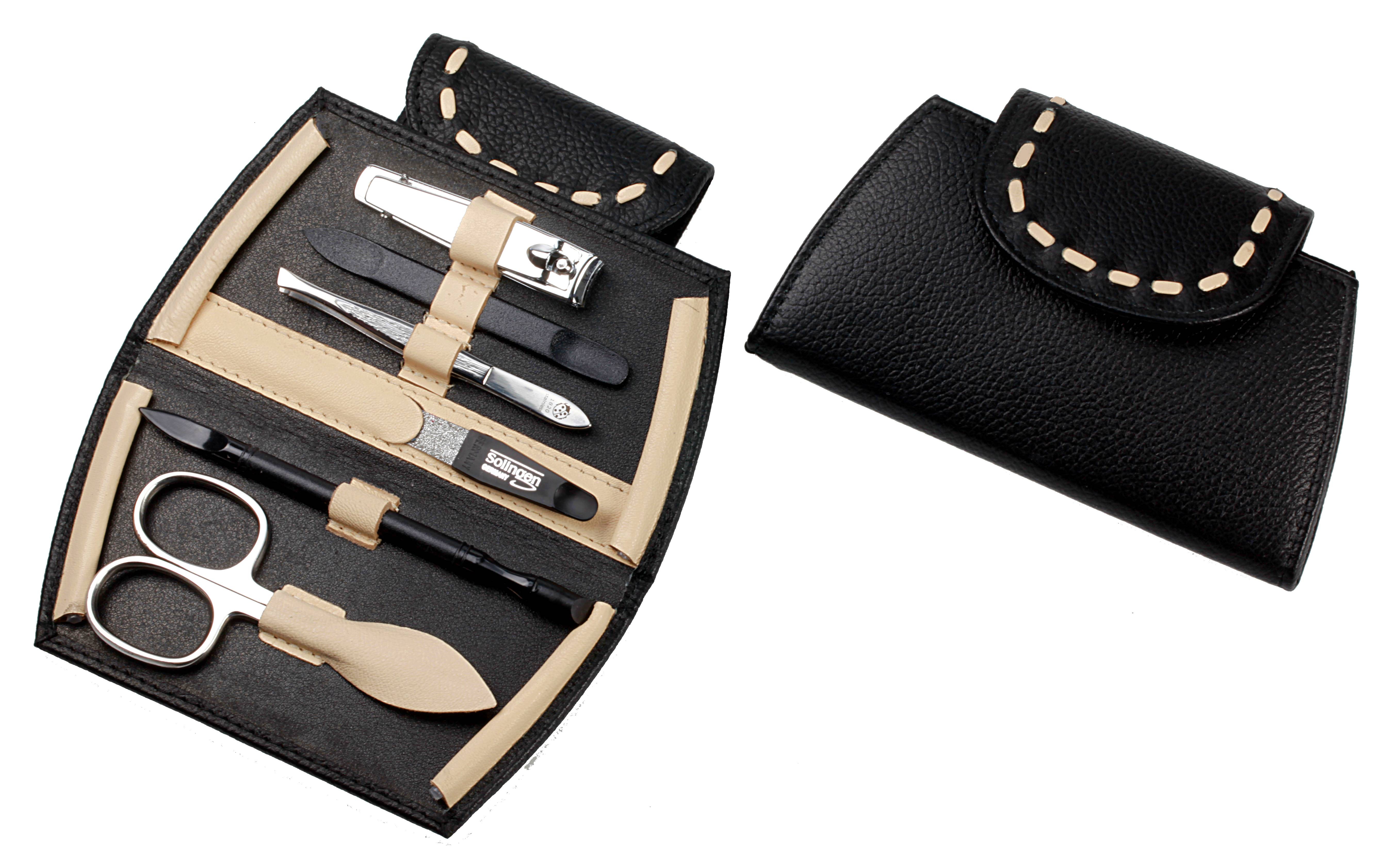 Manicure-Etui: 6-tlg. Bestückung, rostfrei-glanzpoliert; echt Rindleder, schwarz/beige