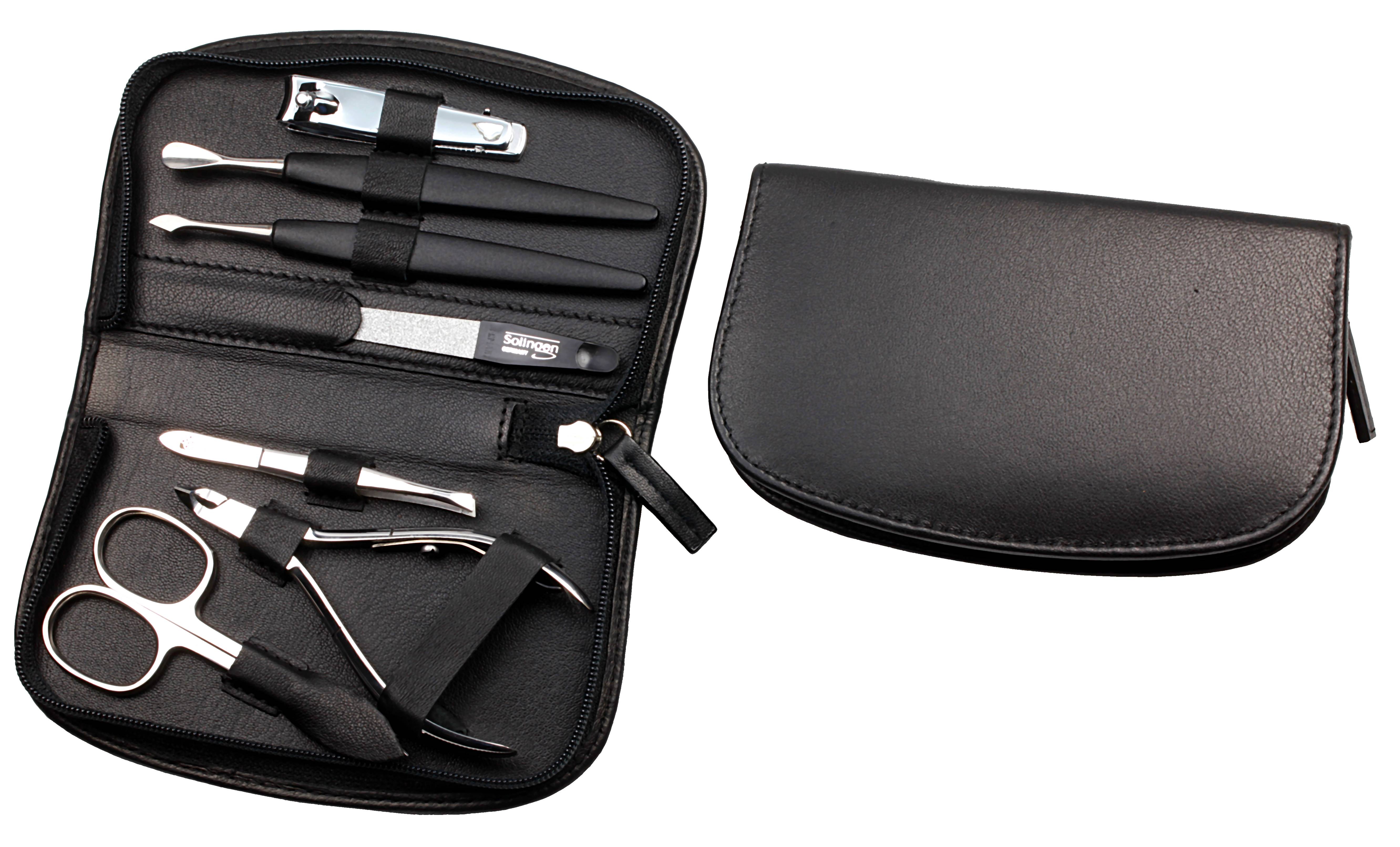 Manicure-Etui, Reißverschluss: 7-tlg. Bestückung, rostfrei-glanzpoliert; Nappa-Lammleder, schwarz
