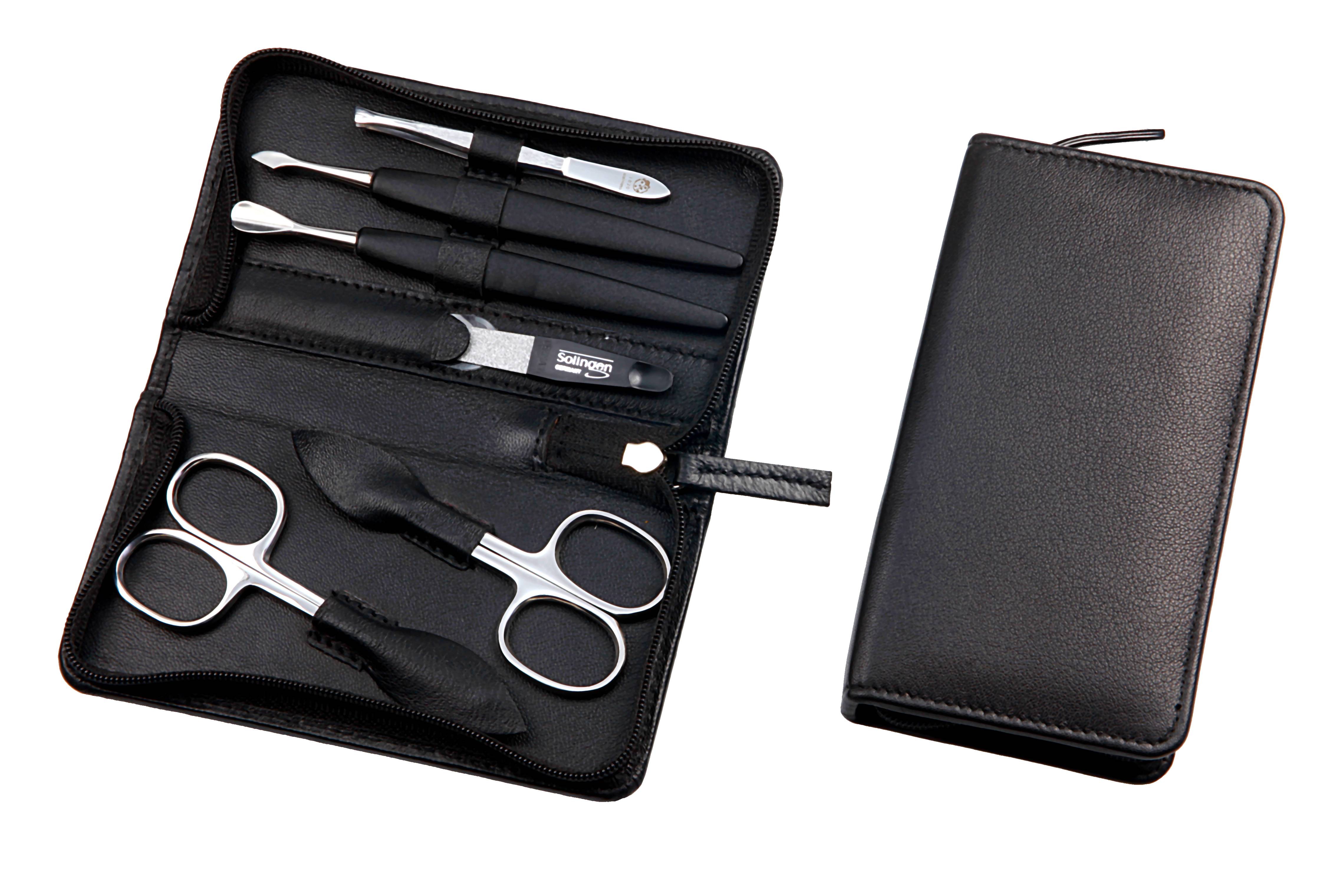 Manicure-Etui, Reißverschluss: 6-tlg. Bestückung, rostfrei-glanzpoliert; Nappa-Lammleder, schwarz