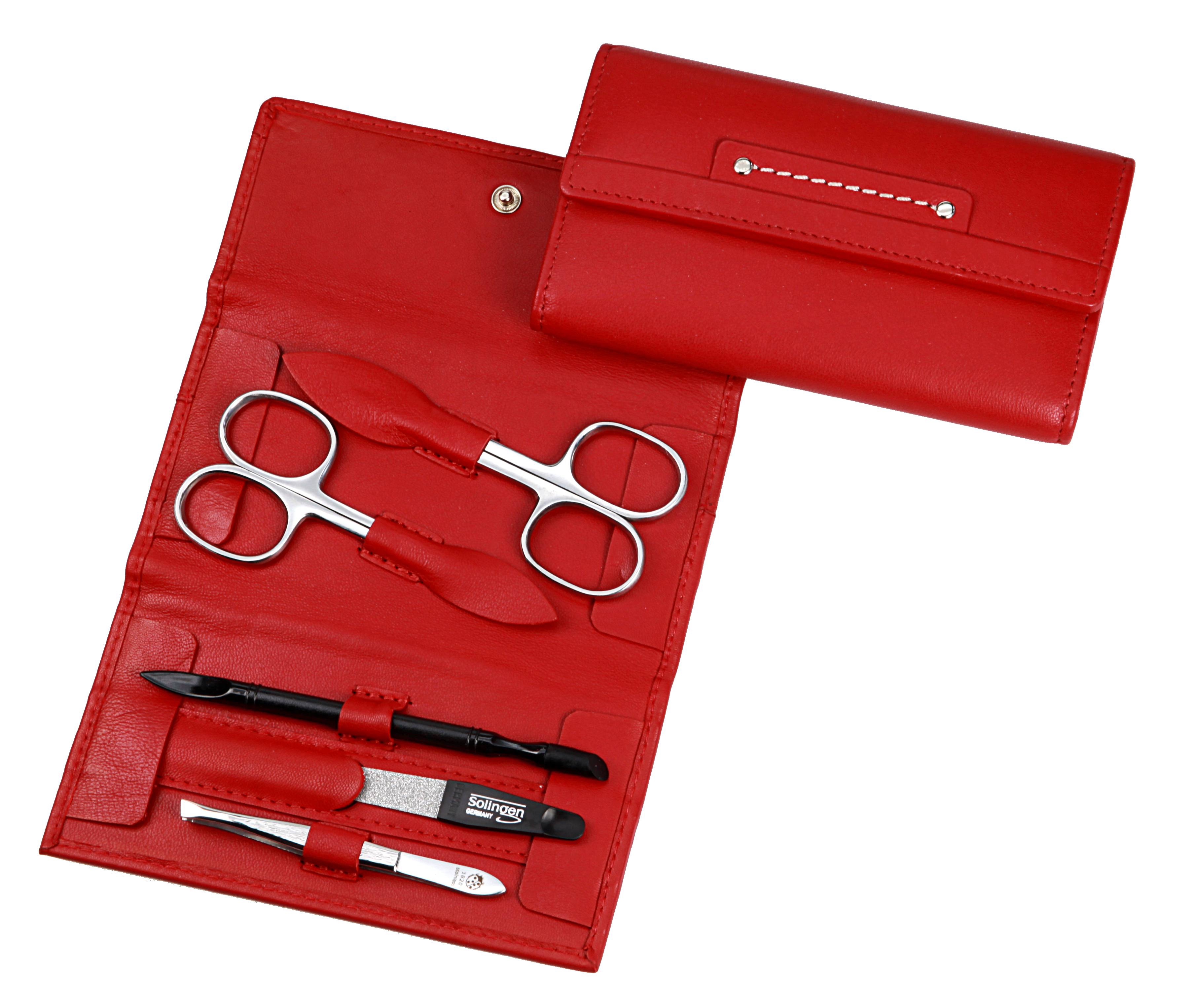 Manicure-Etui: 5-tlg. Bestückung, rostfrei-glanzpoliert; Nappa-Lammleder, rot
