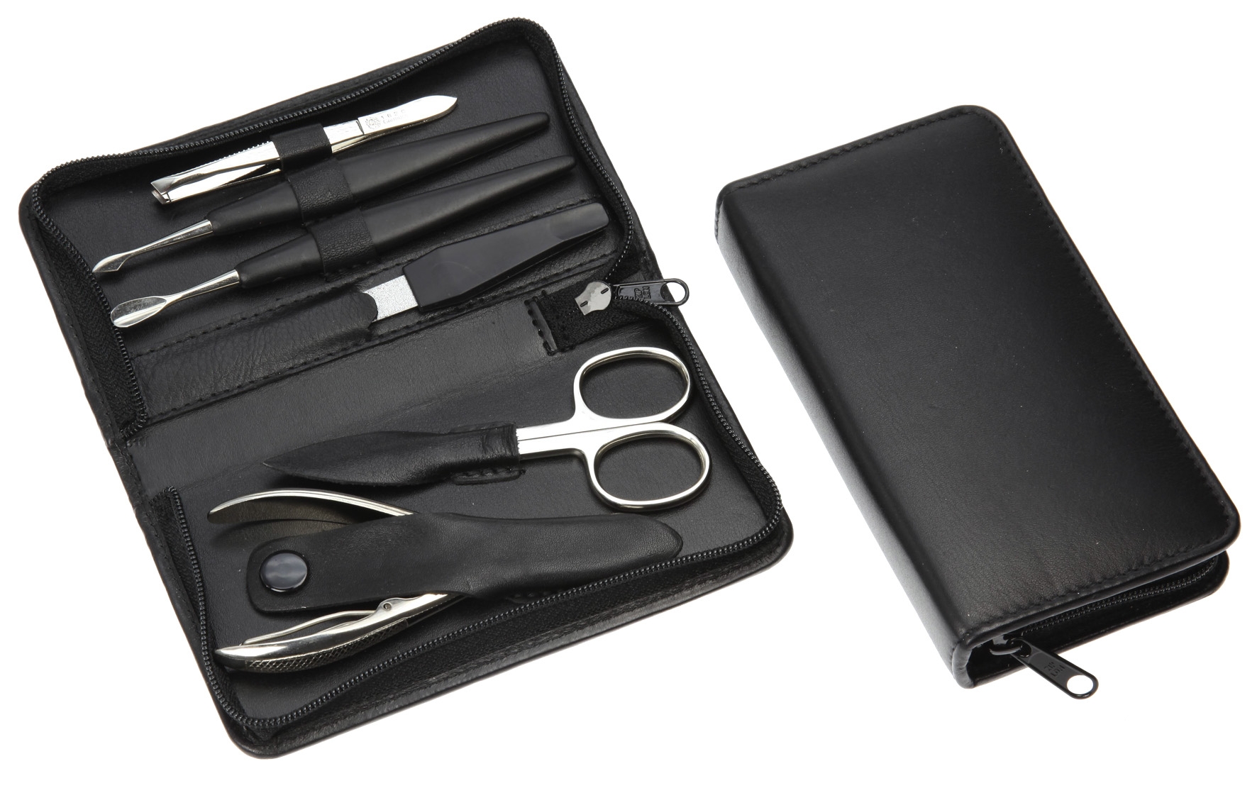 Manicure-Etui: 6-tlg. Bestückung, verchromt; Vollrindleder, schwarz