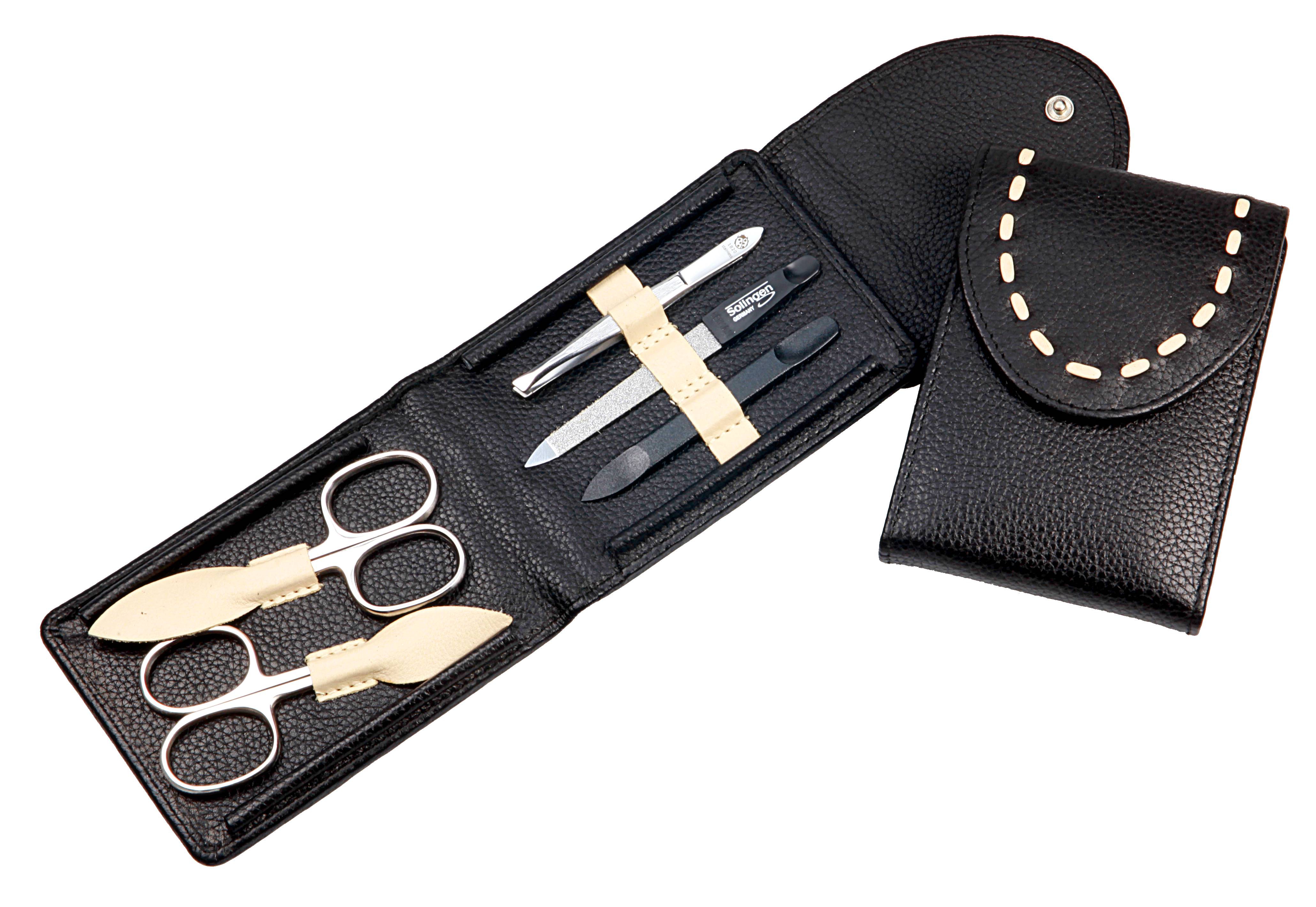 Manicure-Etui: 5-tlg. Bestückung, rostfrei-glanzpoliert; echt Rindleder, schwarz/beige