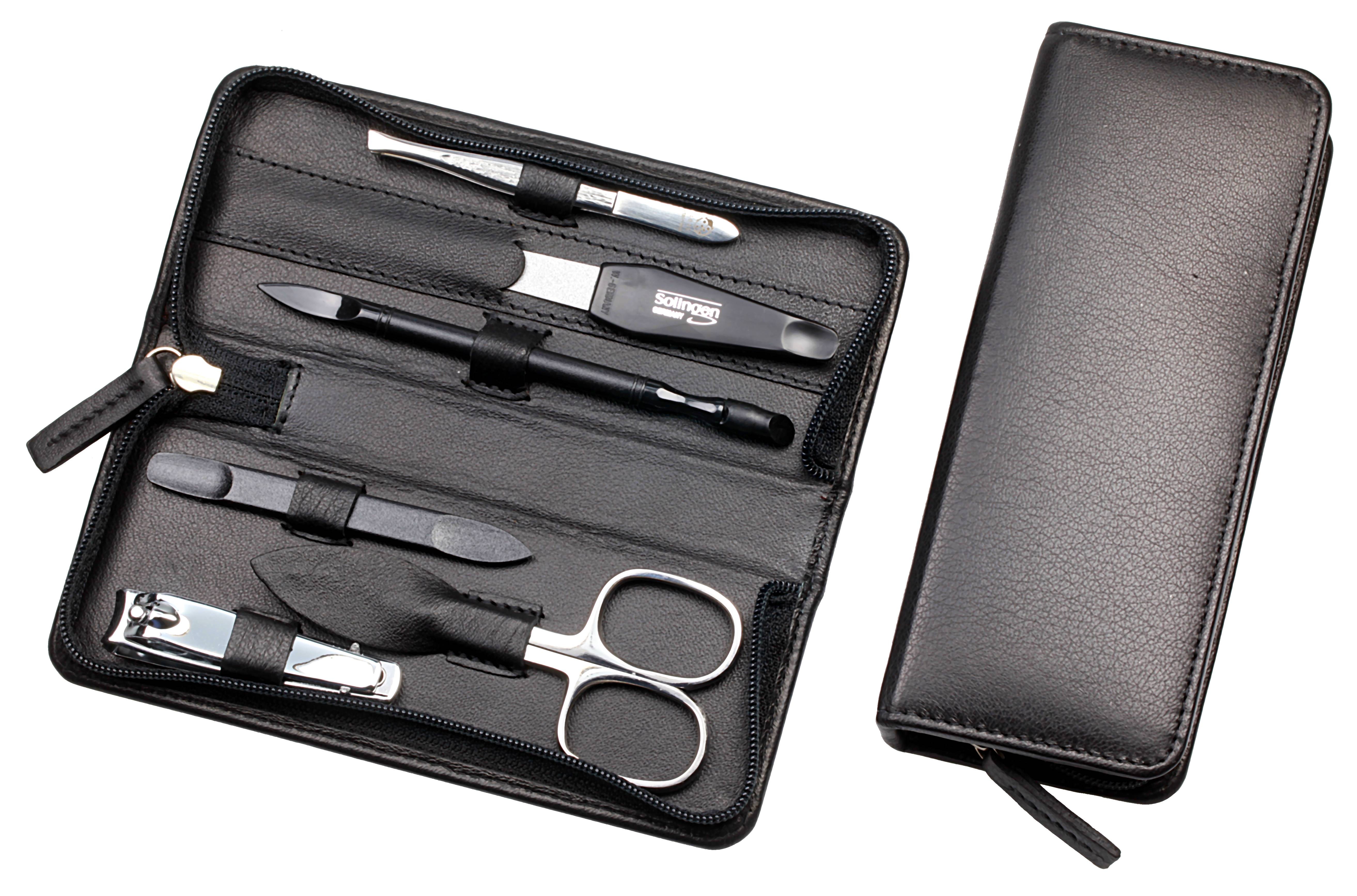 Manicure-Etui, Reißverschluss: 6-tlg. Bestückung, rostfrei-glanzpoliert; Nappa-Lammleder, schwarz