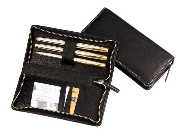 Stift-Etui mit Metall-Reißverschluss, für drei Schreibgeräte, schwarz mit Kontrastnaht