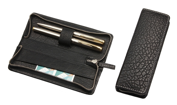 Stift-Etui mit Metall-Reißverschluss, für zwei Schreibgeräte, schwarz mit Kontrastnaht