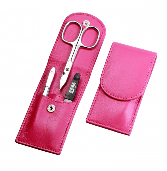 Taschenmanicure: 3-tlg. Bestückung, rostfrei-glanzpoliert; Nappa-Lammleder, pink